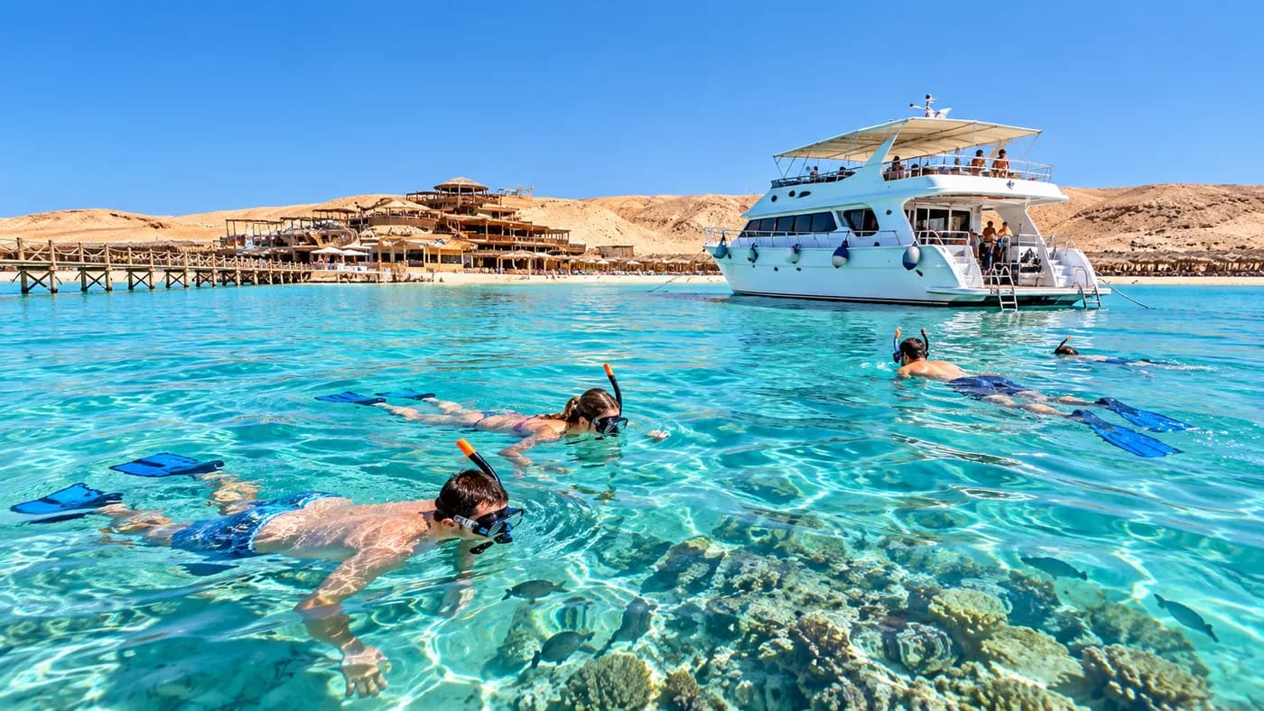 Red Reef boat with guests snorkeling in the Red Sea