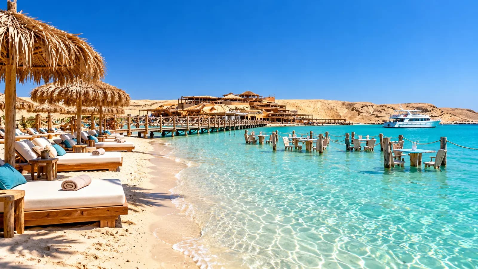 Plage d’île avec transats et eau turquoise