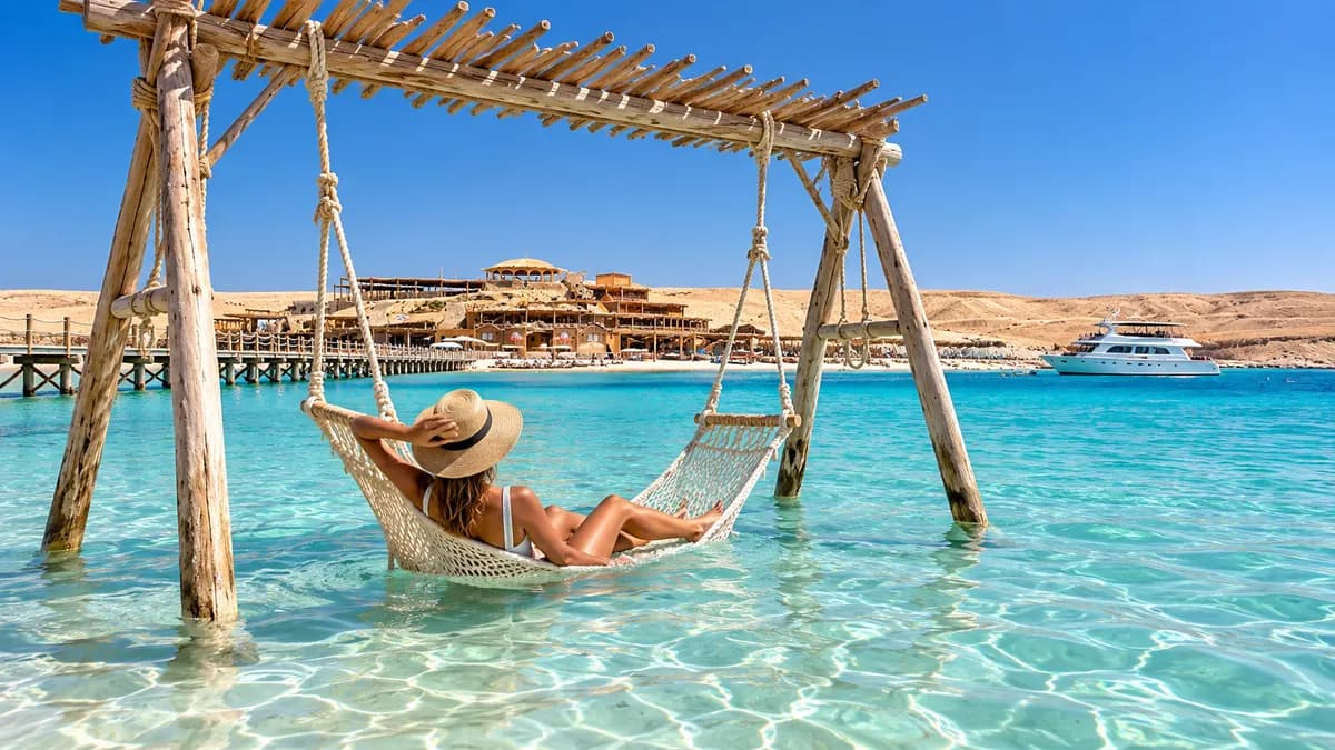 Hammock swing over turquoise island shallows
