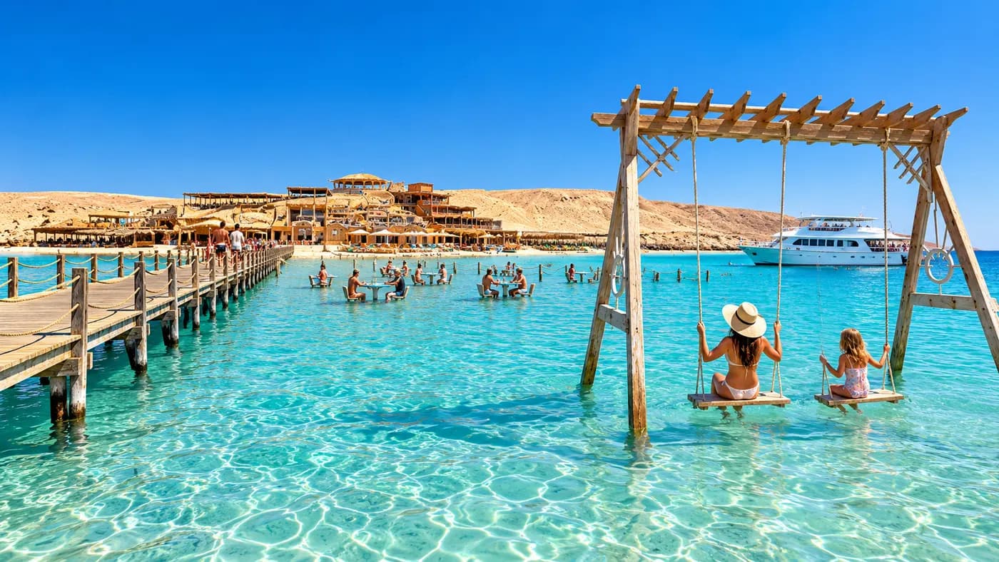 Swings over turquoise island shallows near Hurghada