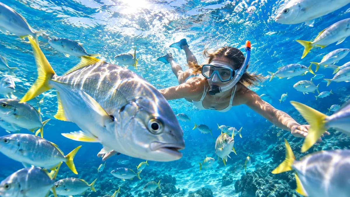 Snorkeler among colourful fish