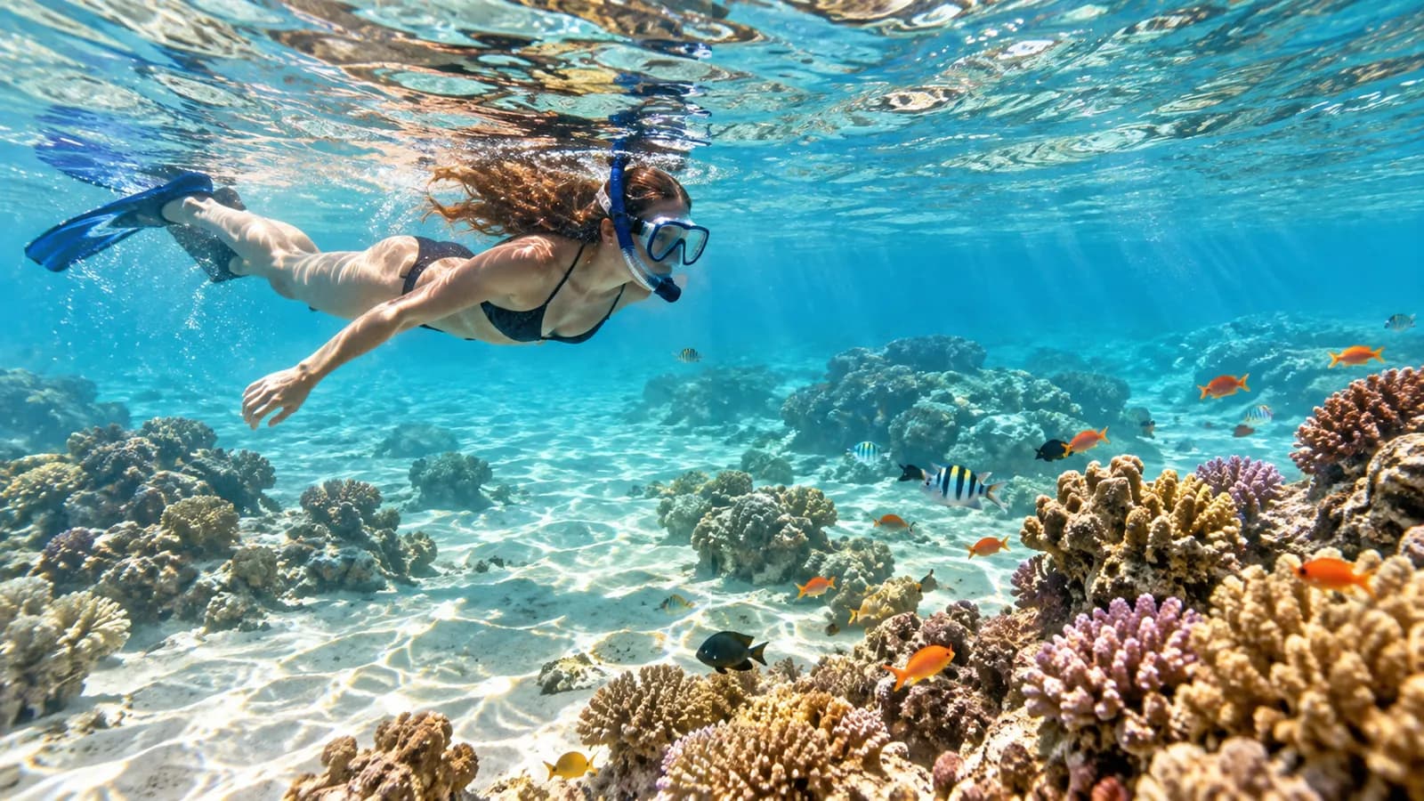 Snorkeler over a coral reef in the Red Sea