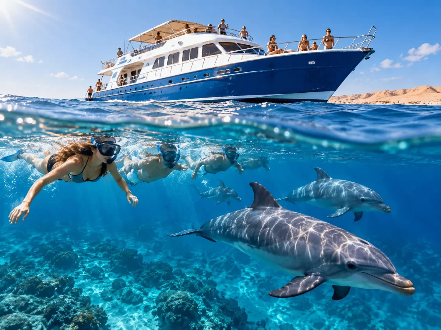 Bateau dans la zone de Dolphin House avec des personnes en snorkeling dans l’eau