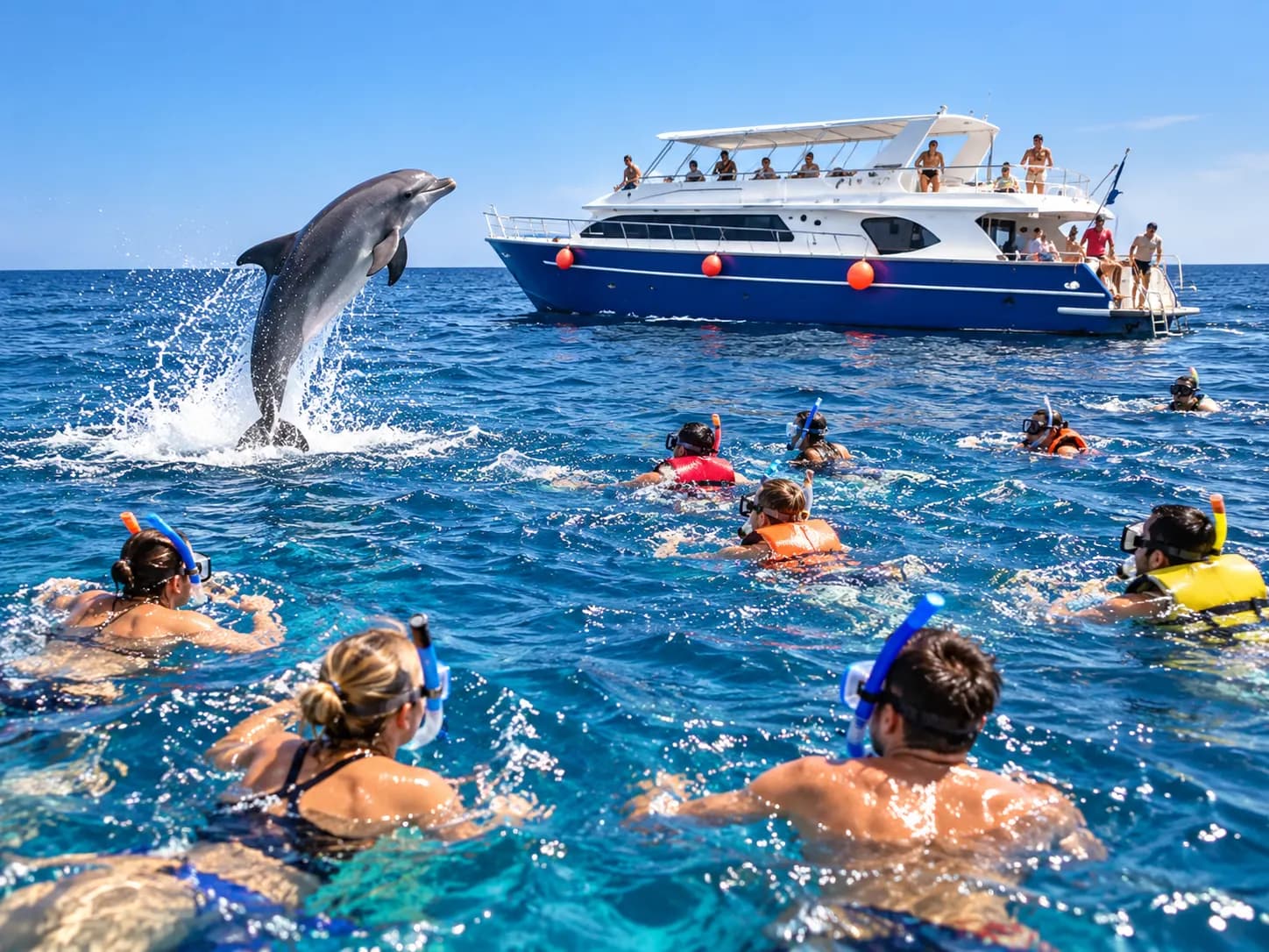 Gäste schnorcheln am Boot, während in der Nähe ein Delfin springt