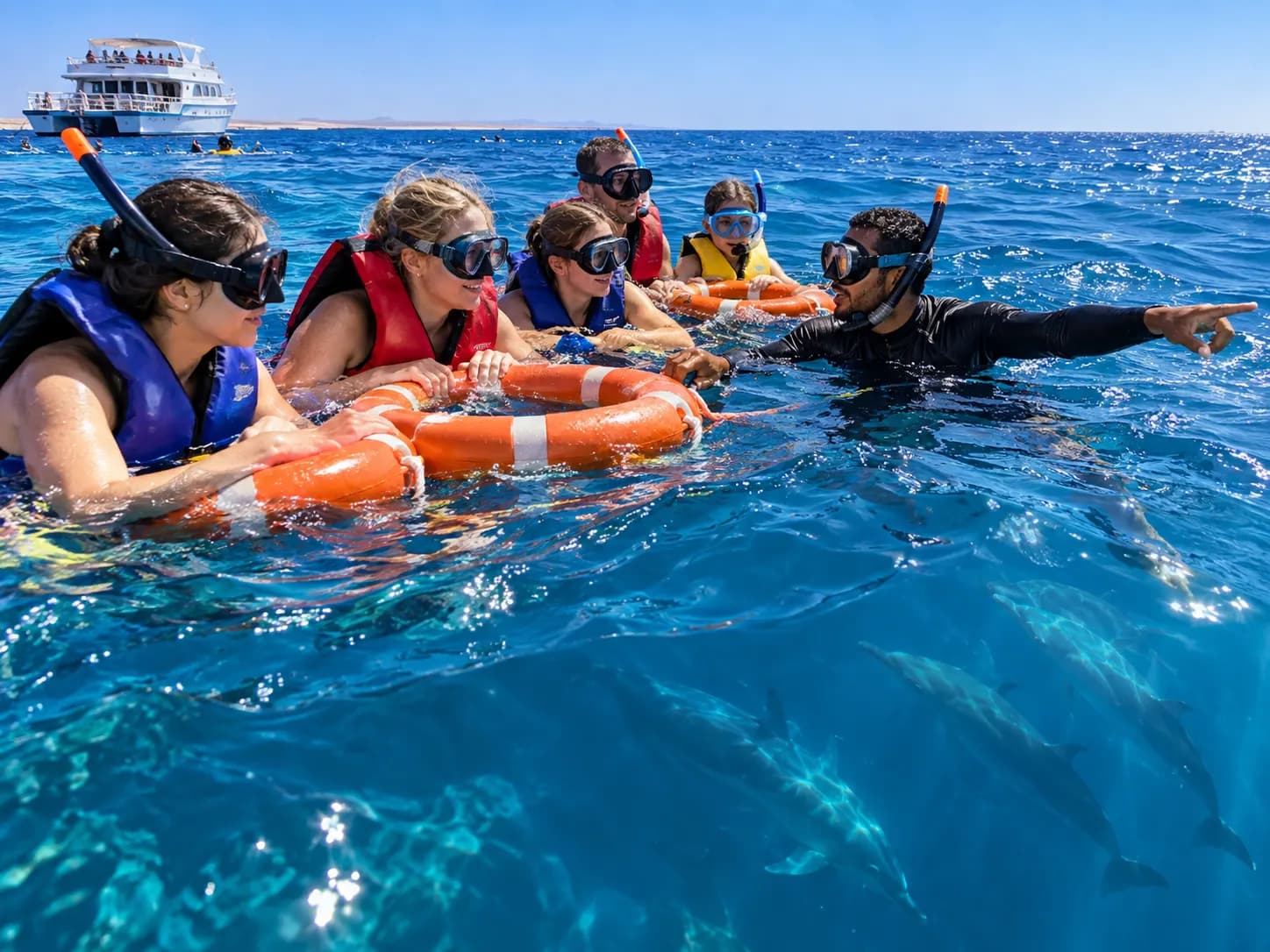 Schnorchler mit Schwimmwesten und Rettungsringen auf offener See
