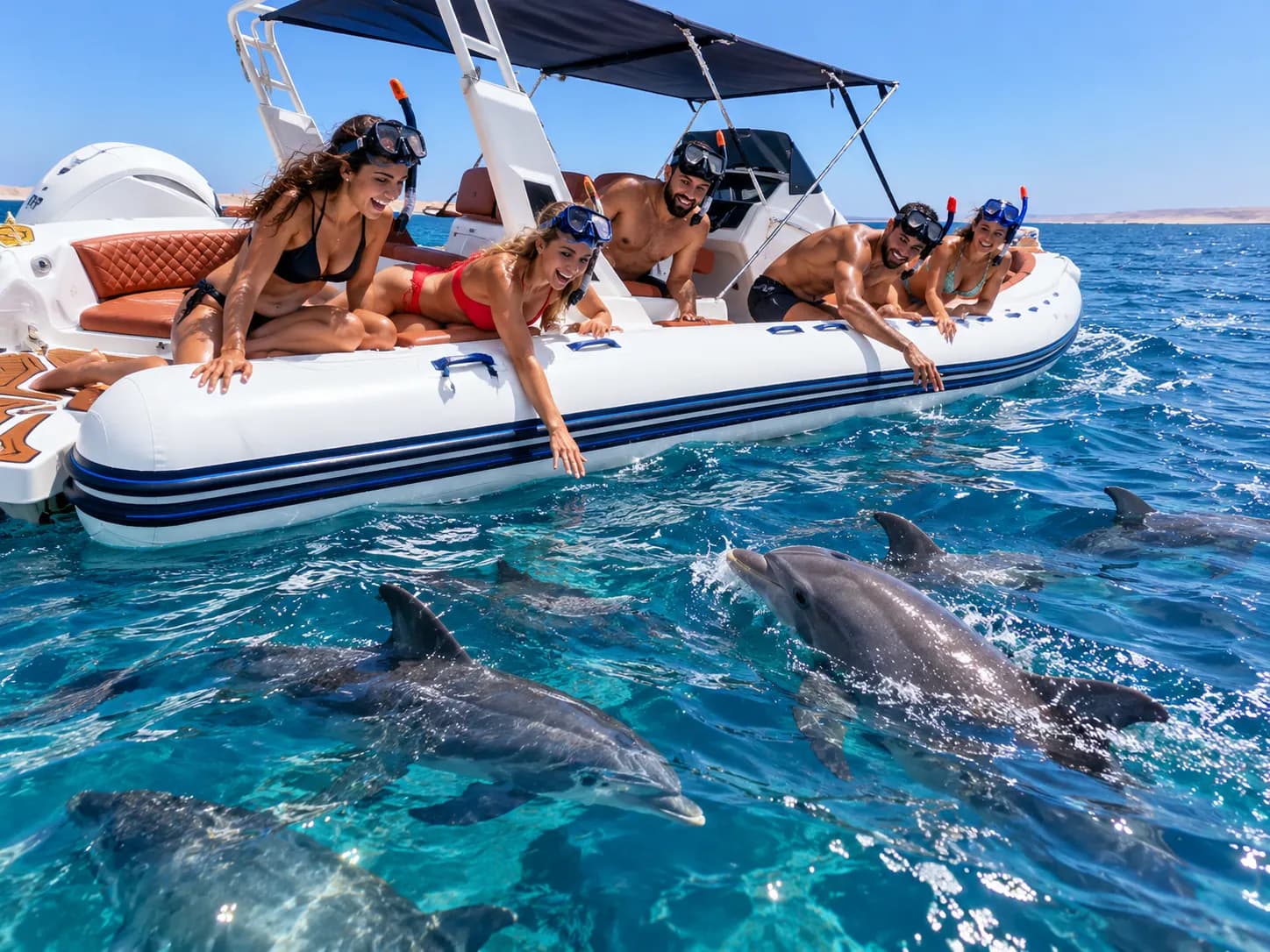Gäste auf dem Schnellboot beobachten Delfine