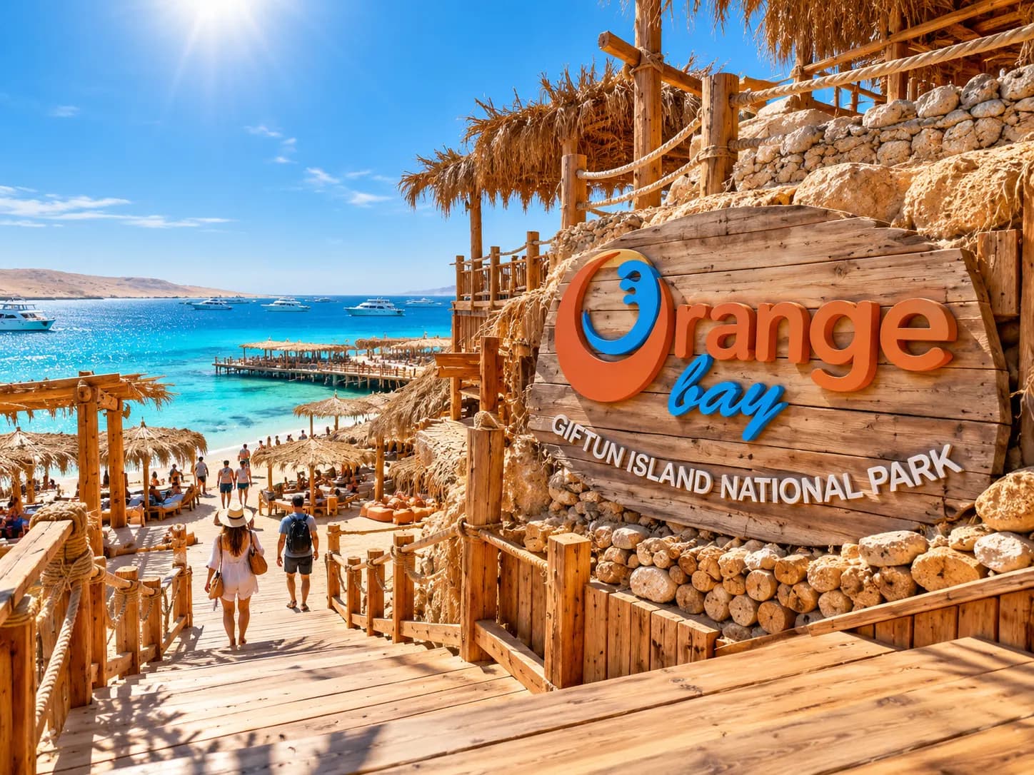 Orange-Bay-Schild am Eingang der Insel