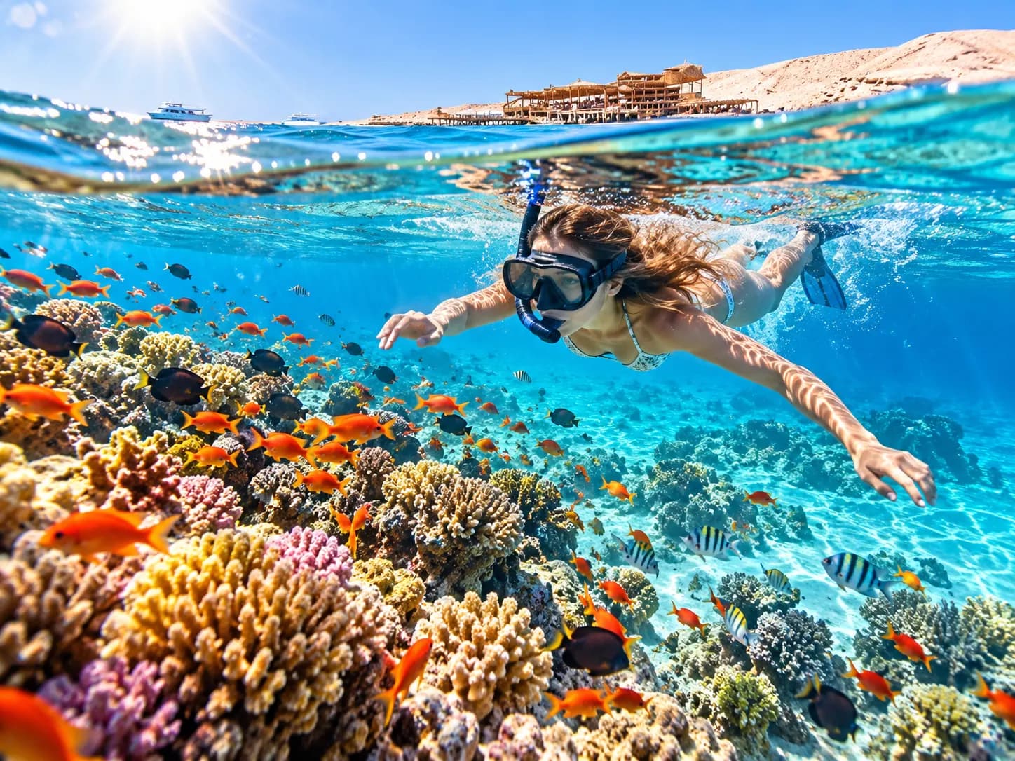 Schnorchler über einem bunten Korallenriff im Roten Meer