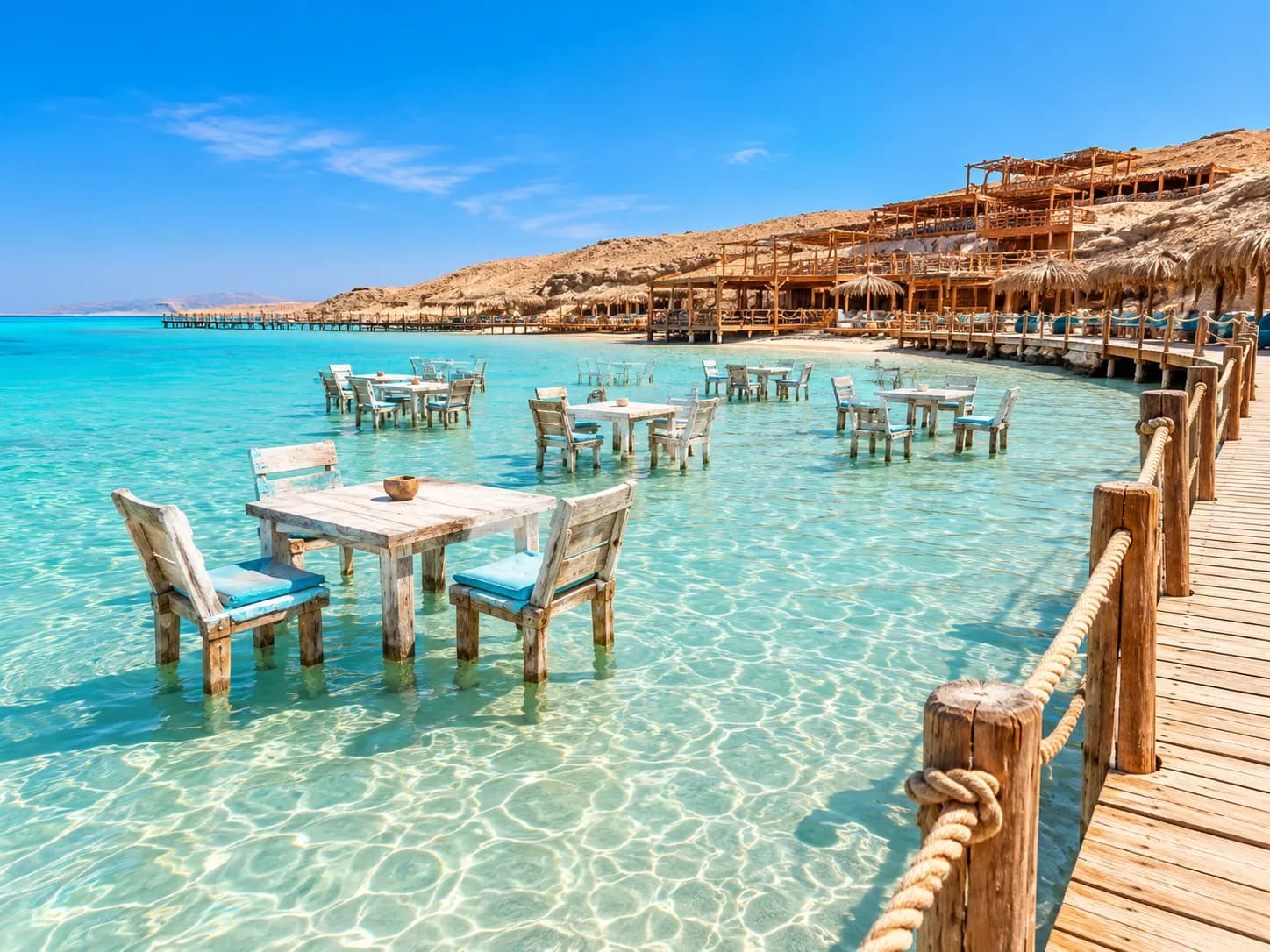 Tische im flachen, türkisfarbenen Wasser von Orange Bay